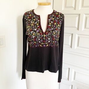 DKNY Shirt Embroidered Floral Colorful Top V-Neck Size Large